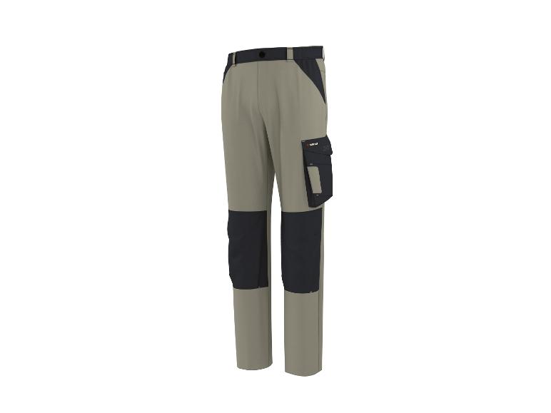Pantalon de travail homme beige et bleu marine avec poches et renforts aux genoux.