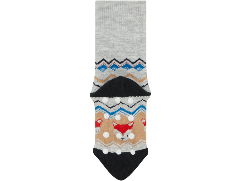 Chaussettes antidérapantes grises avec motif renard et zigzag.