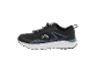Chaussure de sport imperméable noire et bleue avec semelle blanche et laçage rapide.