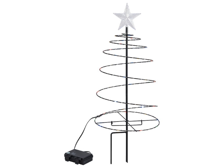 Sapin de Noël en spirale avec lumières LED multicolores et une étoile au sommet.