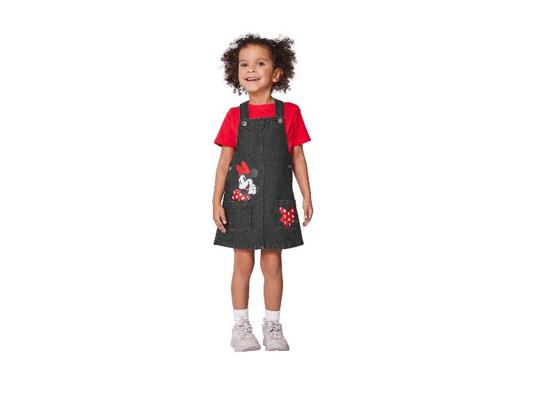 Robe salopette Minnie, t-shirt rouge et baskets pour enfant.
