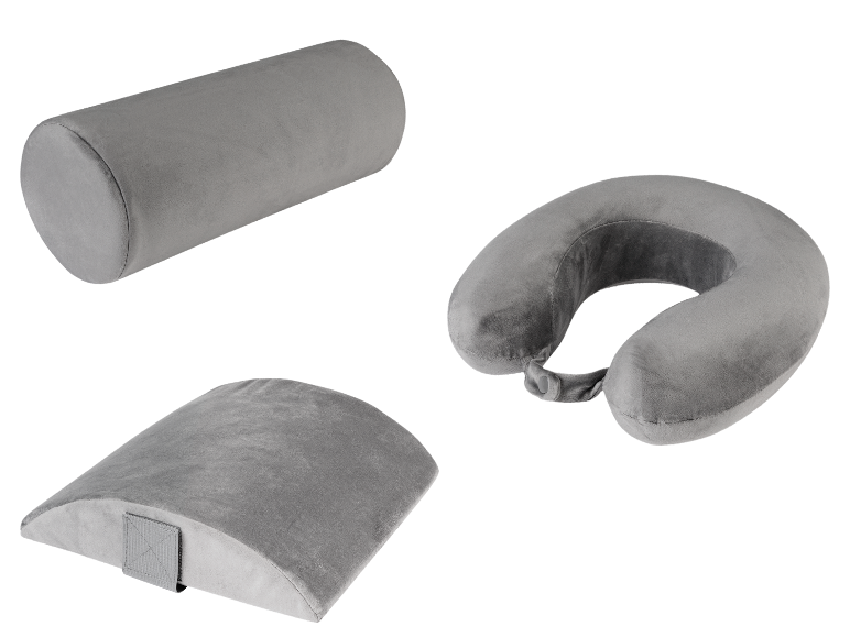 Trois coussins gris : cylindrique, pour le cou et lombaire.