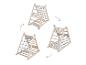 Structure de jeu en bois 3 en 1 avec rampe et filet d'escalade, présentée en trois configurations.