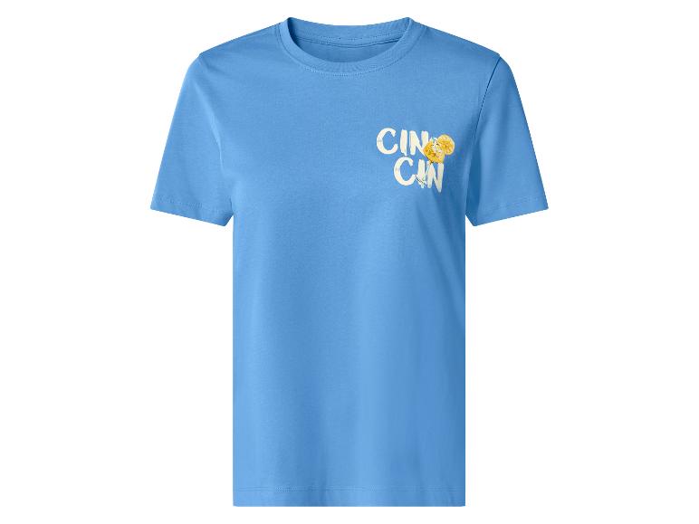 T-shirt bleu à manches courtes avec imprimé « CIN CIN » et un cocktail au citron.