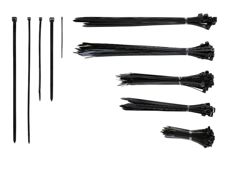 Colliers de serrage noirs en plastique de différentes tailles, groupés et individuels