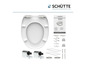 Une lunette de toilette blanche avec fermeture douce de Schütte avec instructions de montage.