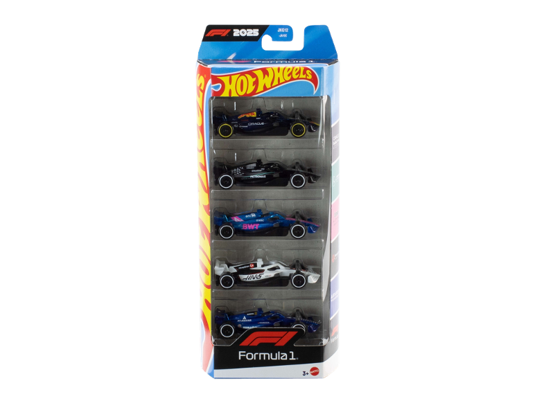 Coffret de voitures de course miniatures comprenant cinq véhicules de Formule 1 dans leur emballage