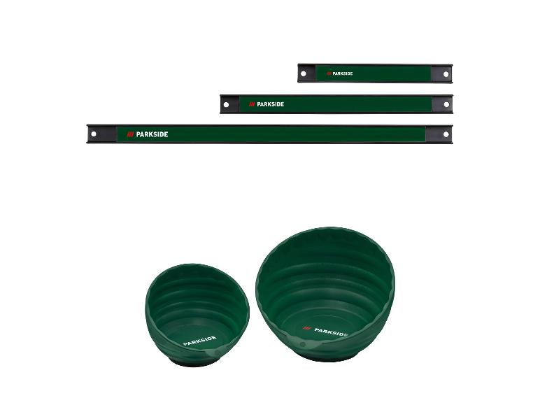 Trois bandes magnétiques Parkside et deux bols pliables Parkside, tous vert foncé.