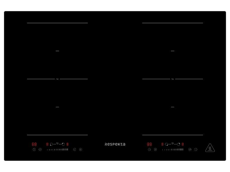 Table de cuisson à induction noire avec quatre zones de cuisson et commandes numériques.