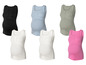 Des débardeurs pour femmes enceintes en noir, bleu à rayures, vert et rose.