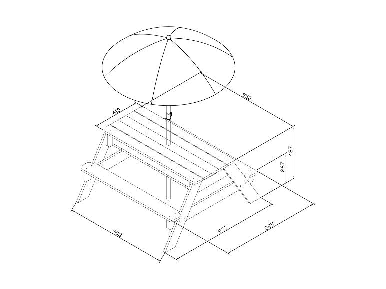 Table de pique-nique enfant en bois avec parasol, dimensions 950x903x487 mm.