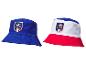 Deux bobs de supporter, un bleu uni et un tricolore (bleu, blanc, rouge), avec un écusson de football.