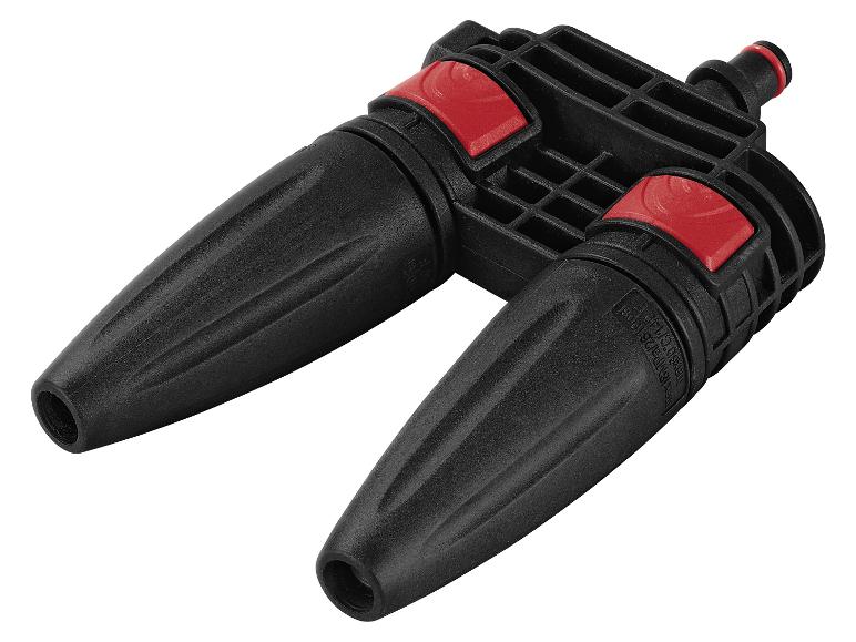 Deux buses noires avec des boutons rouges, fixées à un raccord de tuyau noir.