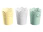 Trois pots de fleurs ronds avec un motif blanc, jaune et vert ornemental.