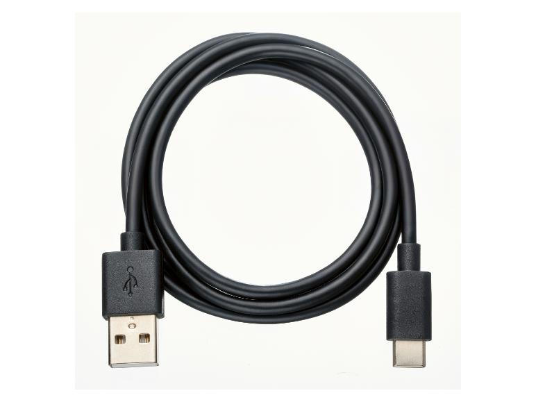 Câble USB noir avec connecteurs USB-A et USB-C, enroulé en cercle.