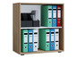Une bibliothèque en bois avec différents classeurs à anneaux de couleurs avec des étiquettes comme 'auto', 'famille' et 'assurance'.