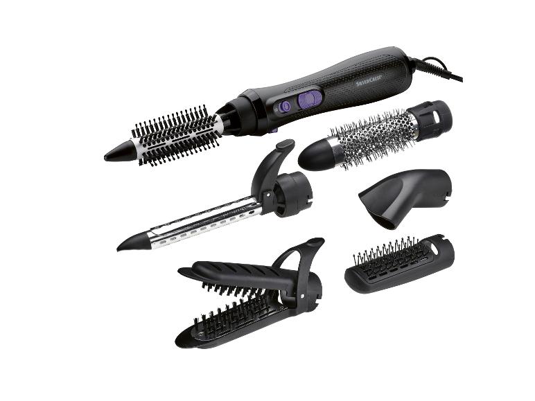 Ensemble de coiffage SilverCrest : sèche-cheveux rotatif, brosses et accessoires.
