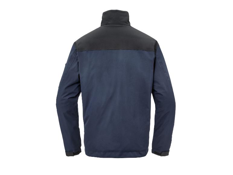 Vue arrière d'une veste bleu foncé avec col et épaules noirs.