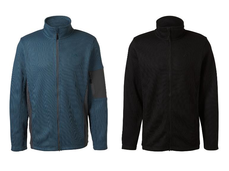 Deux vestes polaires zippées pour hommes, une sarcelle et une noire, avec cols montants.