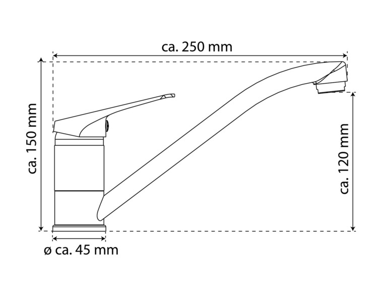 Un croquis d'un robinet de cuisine avec dimensions.