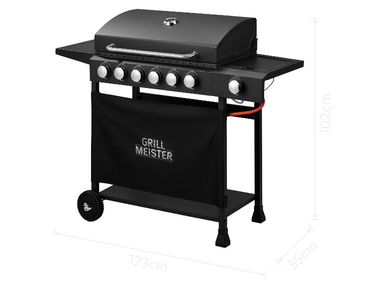 Barbecue à gaz noir Grill Meister à six brûleurs, mesurant 123x55x102 cm.