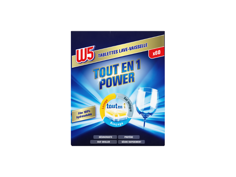 Tablettes lave-vaisselle, tout en 1 power, 60 unités, film hydrosoluble.