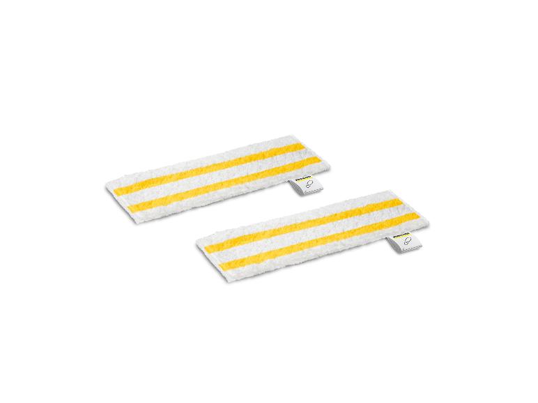 Deux chiffons de sol en microfibre blancs avec des rayures jaunes et de petites étiquettes.