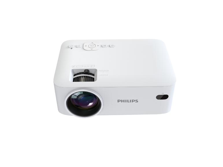 Projecteur blanc avec commandes sur le dessus et objectif frontal
