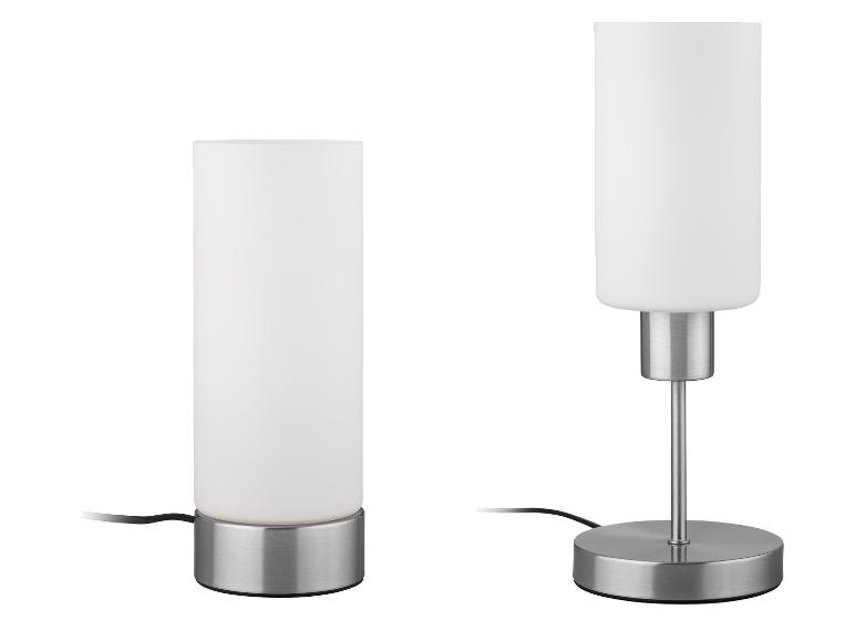 Deux lampes de table en verre dépoli et métal brossé, une courte, une haute