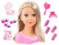 Tête à coiffer blonde avec maquillage, bigoudis, couronnes et accessoires