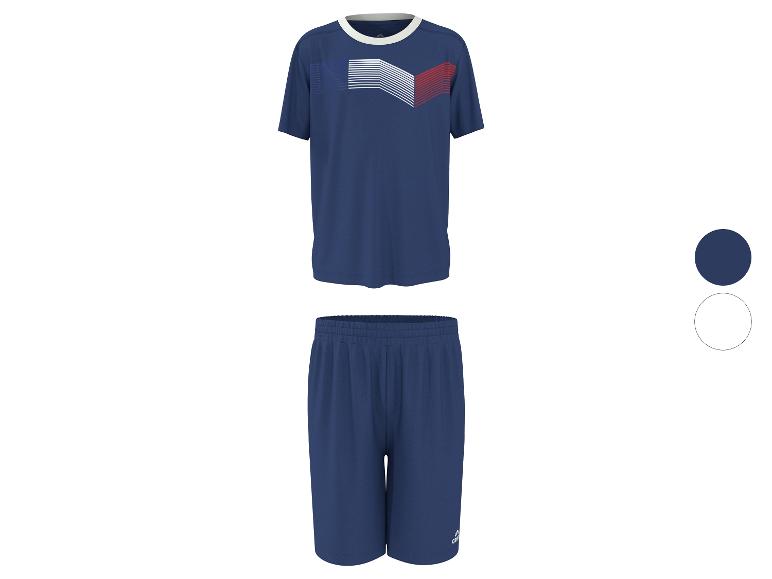 Ensemble t-shirt et short bleu marine avec motif à rayures blanches et rouges.