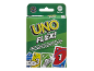 Boîte de jeu de cartes UNO Flex verte avec texte et illustrations de cartes.