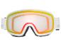 Masque de ski blanc avec des détails orange et jaunes.