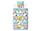 Parure de lit avec oreiller et couette, ornée de personnages animaux colorés et du texte 'Original Squishmallows'.