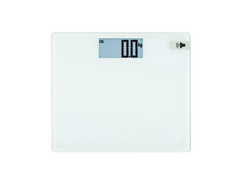 Pèse-personne numérique blanc avec affichage '0.0 kg' et icône audio.