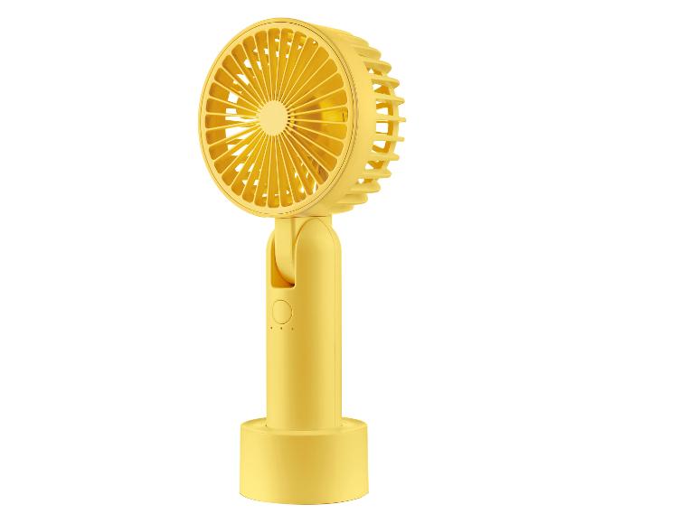 Ventilateur de table jaune rechargeable.