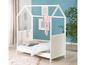 Un lit enfant blanc en forme de maison.