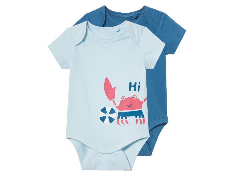 Bodys bébé, un bleu clair à motif crabe, un bleu marine uni.