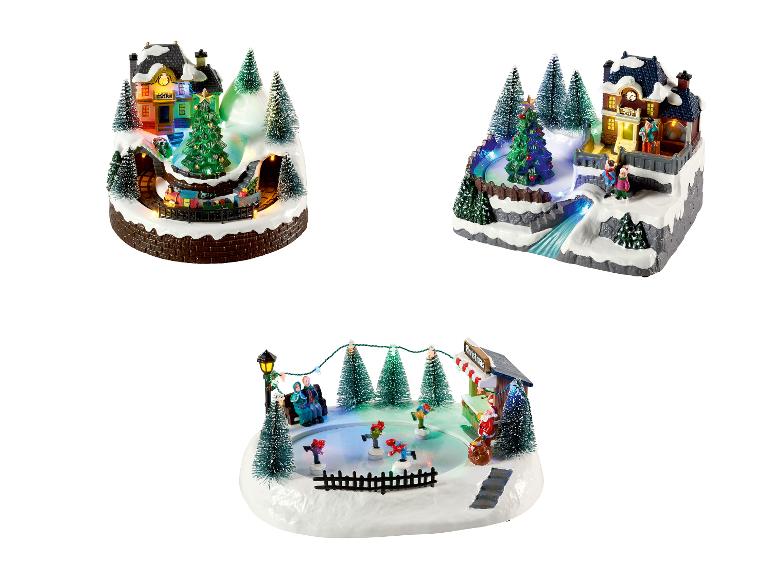 Trois scènes de village de Noël illuminées avec un train, une patinoire et une gare.