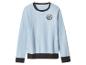 Sweat-shirt bleu clair avec col et poignets marron foncé, avec un logo 'Offline'.
