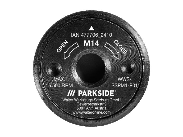 Accessoire Parkside M14 : pièce de fixation avec indications d'ouverture/fermeture.