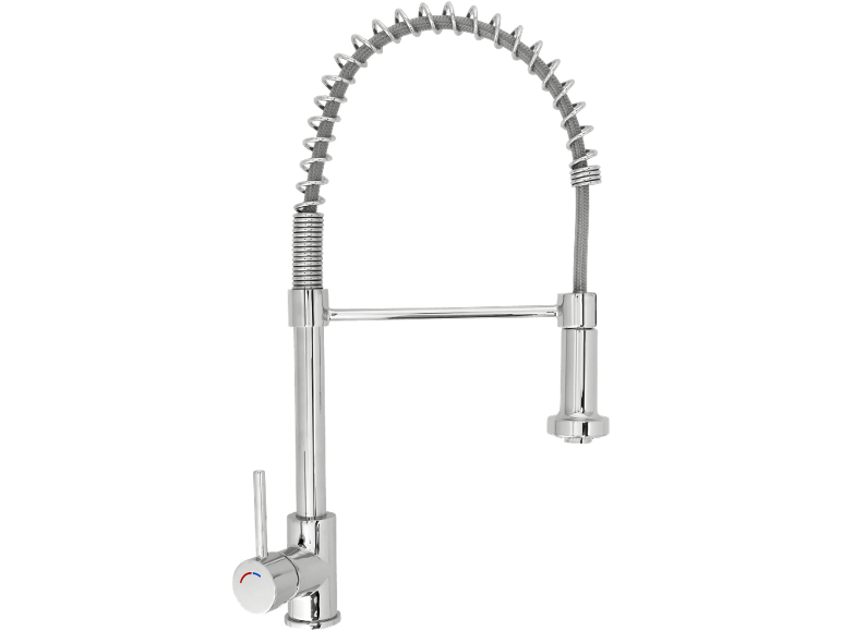 Robinet de cuisine chromé avec douchette extractible et tuyau à ressort.