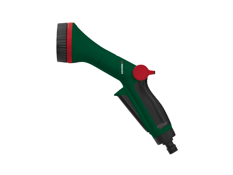 Pistolet pulvérisateur manuel vert avec des détails rouges et noirs pour l'arrosage du jardin.