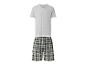 Pyjama homme : t-shirt gris à col en V et short à carreaux.