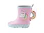 Botte de pluie rose pour enfant avec motif licorne et poignée arc-en-ciel.