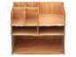 Organisateur de bureau couleur bois avec plusieurs compartiments et étagères.