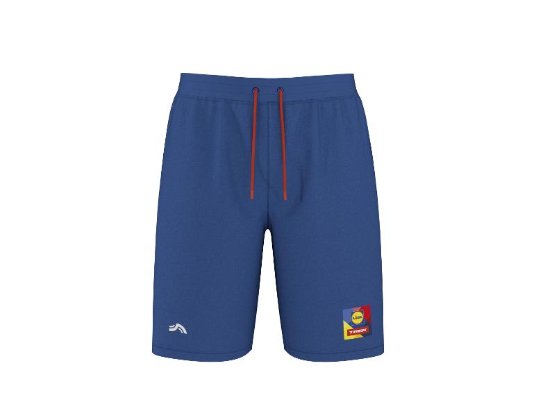 Short de sport bleu marine avec cordon de serrage orange et logo coloré sur la jambe.