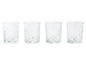 Quatre verres vides avec un motif gravé.