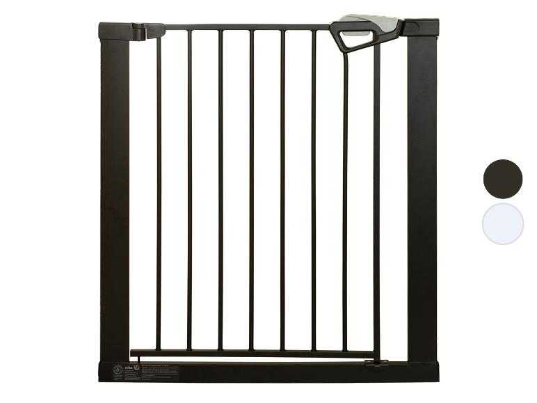 Barrière de sécurité enfant en métal noir avec poignées grises, avec options de couleur noire et blanche.