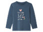 T-shirt bleu marine à manches longues pour fille, avec imprimé cœurs et texte 'You are my favorite'.